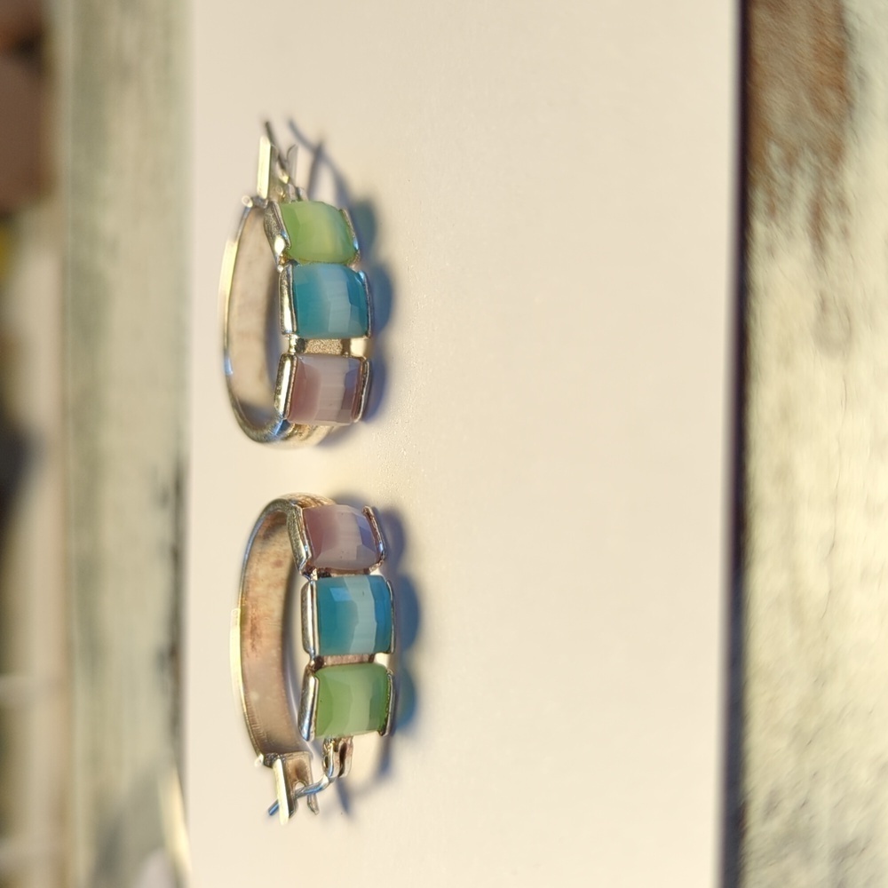 Monet Signed earrings Vintage Silvertone Hoop purple blue green rhinesto…
